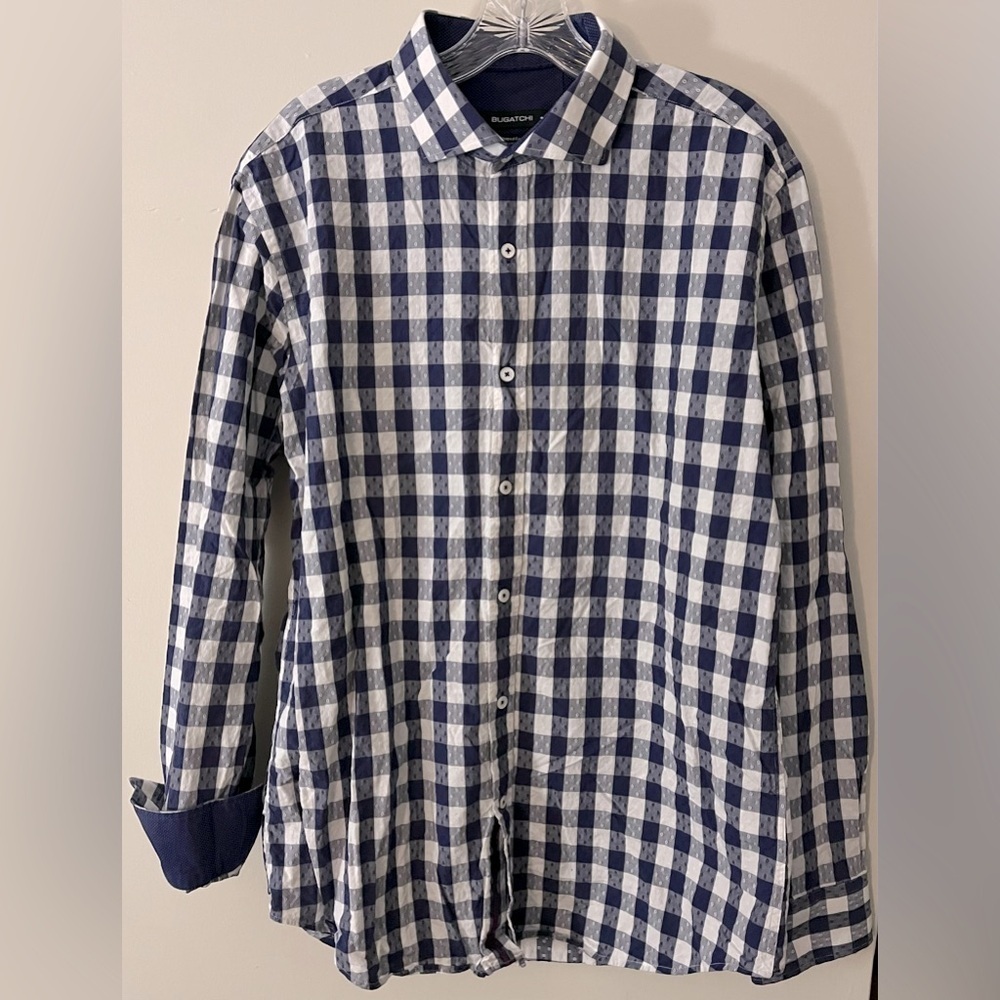 Bugatchi Shaped Fit Men’s Button Down Shirt, Blue/White Checkered Cotton; Size L